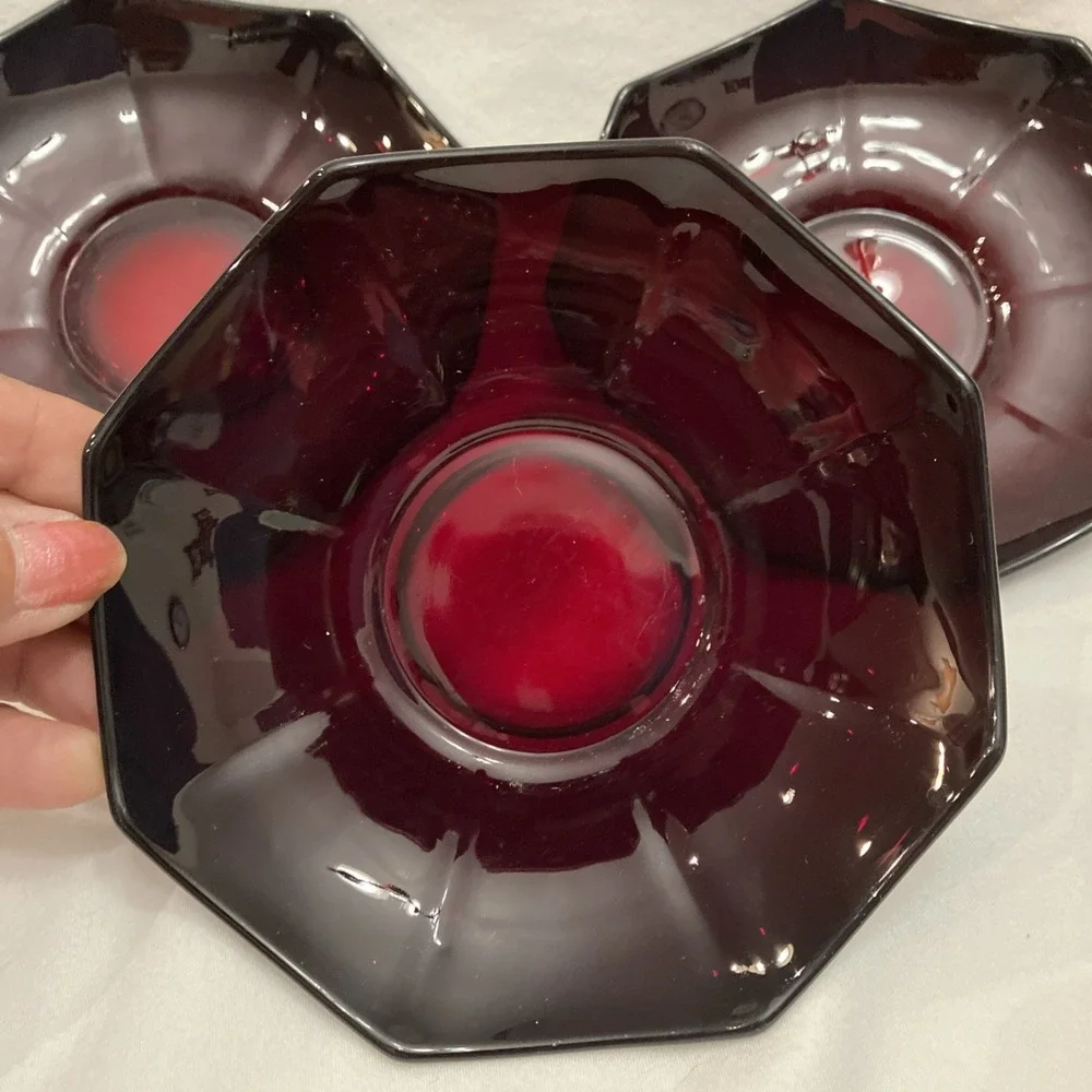 Vintage Ruby Red Glass Saucers Dessert Bowls Scallop Top Edge Lot of 3